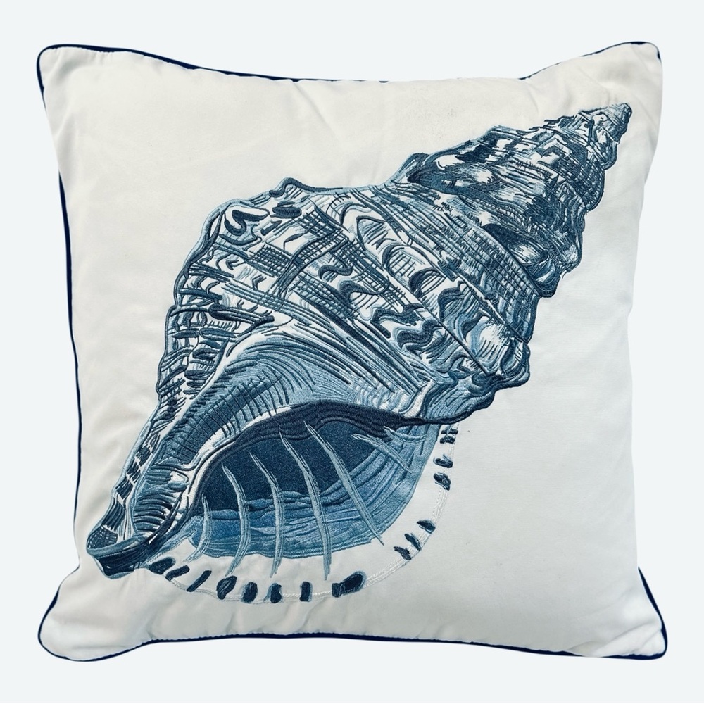 Hand Embroidered Conch Shell Pillow Indoor/Outdoor 18x18 Coastal White Blue